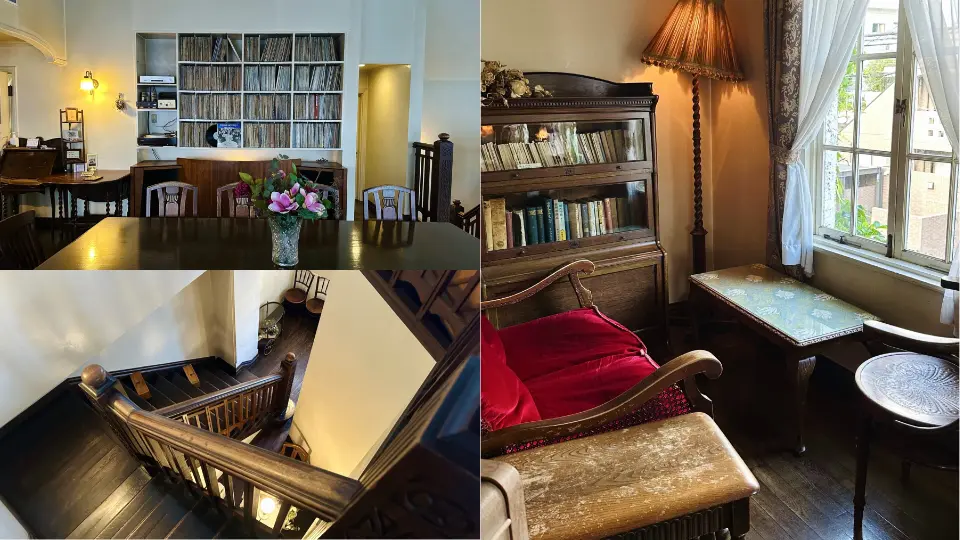 A wall lined with jazz vinyl records inside the cafe